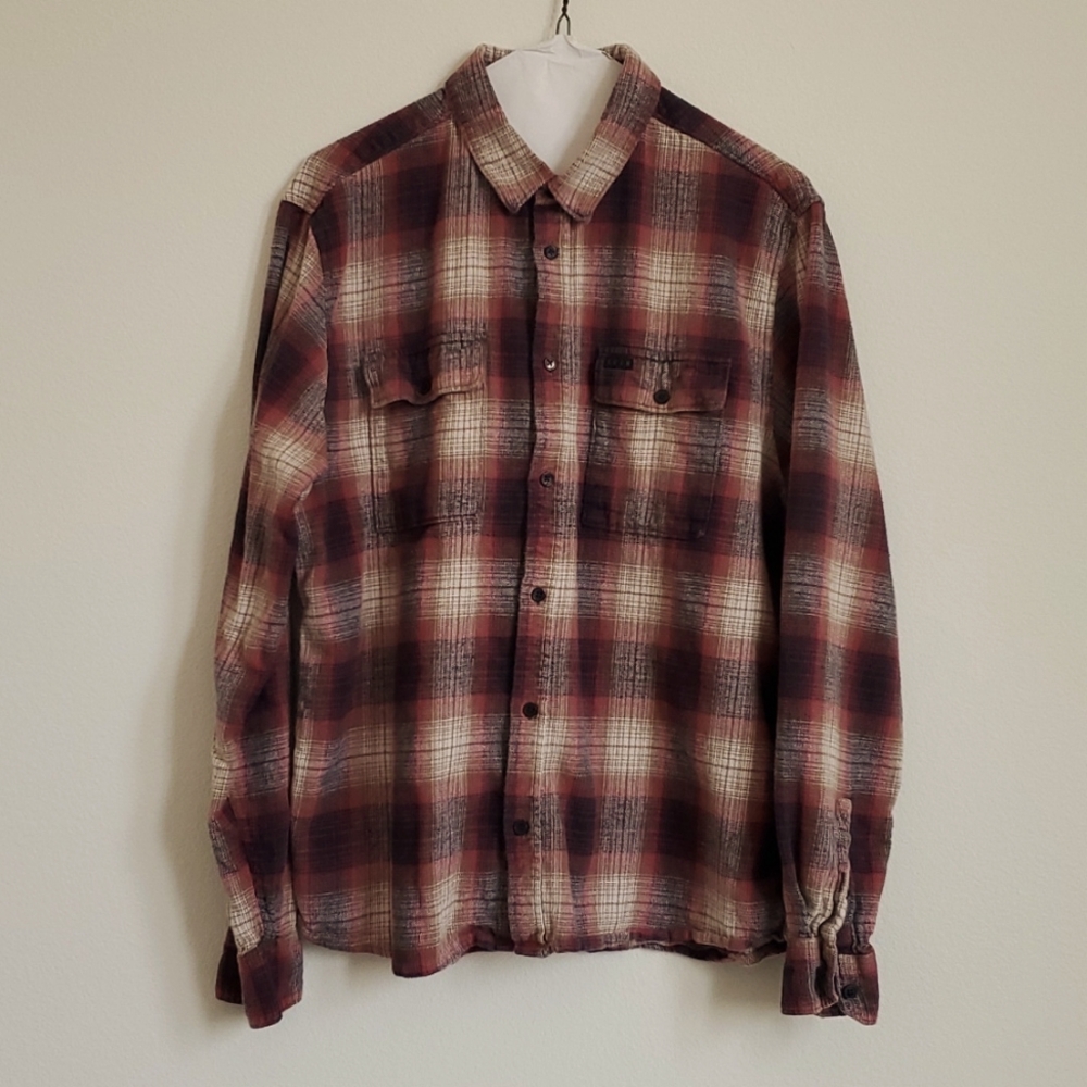 Men's Krew Flannel Shirt, L, Red/Blue/Tan